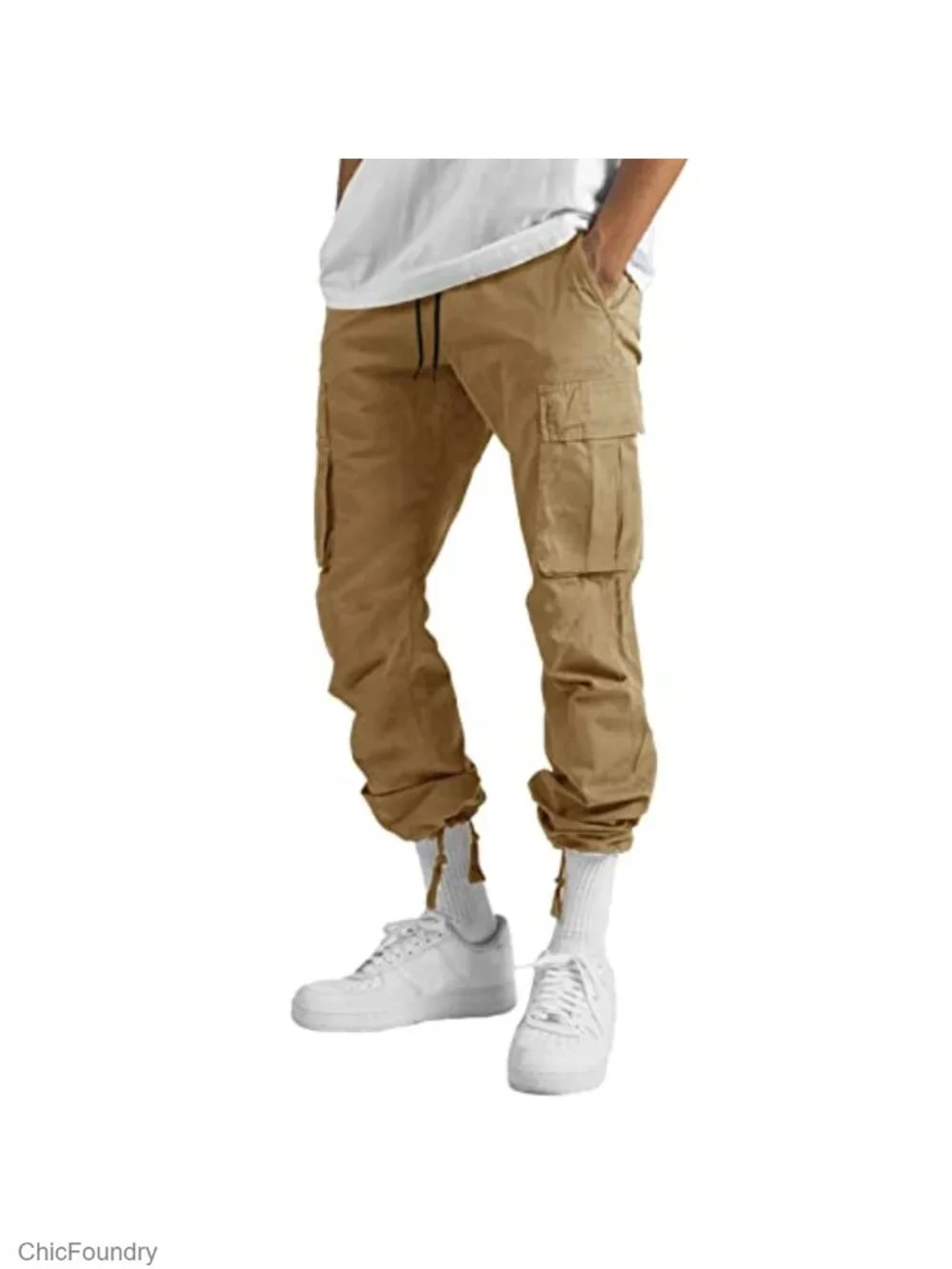 Mens Cargo Pants Casual Joggers Cotton Sweatpants Drawstring Elastic Waist